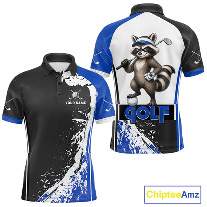 Funny Raccoon Men's Golf Polo Shirt mockup with blue splatter artwork, personalized golf polo, custom golf team apparel, wildlife golf clothing, breathable golf shirt, golf tournament uniform.