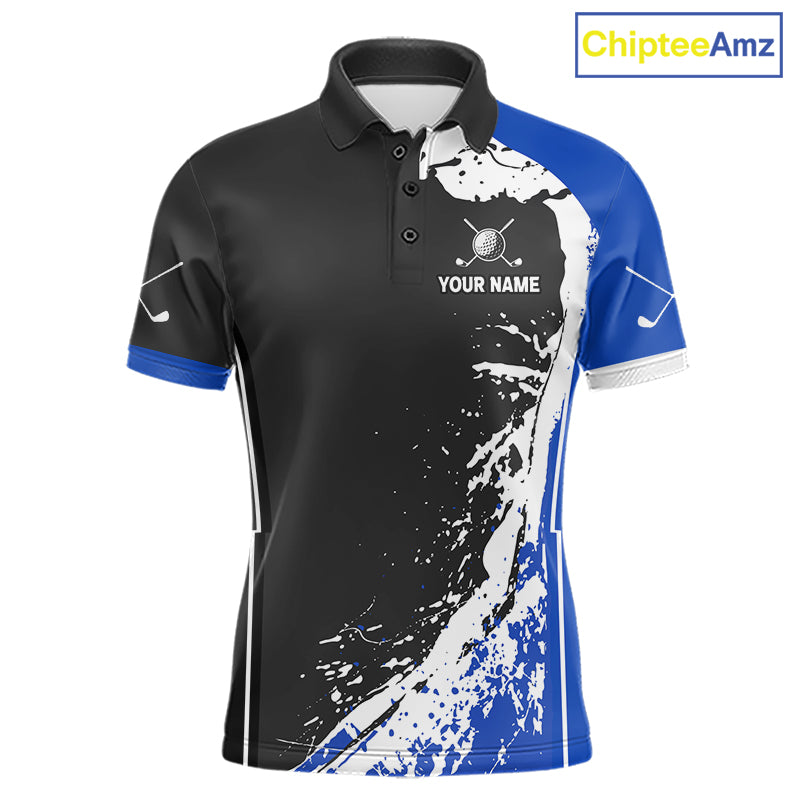 Funny Raccoon Men's Golf Polo Shirt mockup with blue splatter artwork, personalized golf polo, custom golf team apparel, wildlife golf clothing, breathable golf shirt, golf tournament uniform.