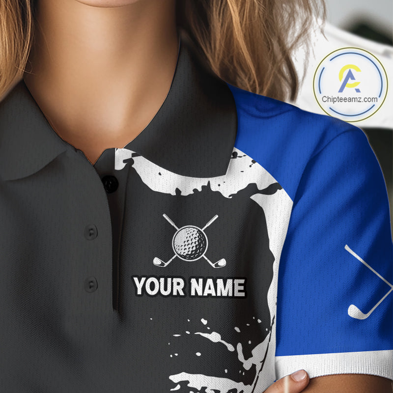 Women's model wearing Golden Retriever Golf Polo Shirt, dog lover golf apparel, pet sportswear, personalized golf outfit, custom golf clothing, golf lifestyle fashion.