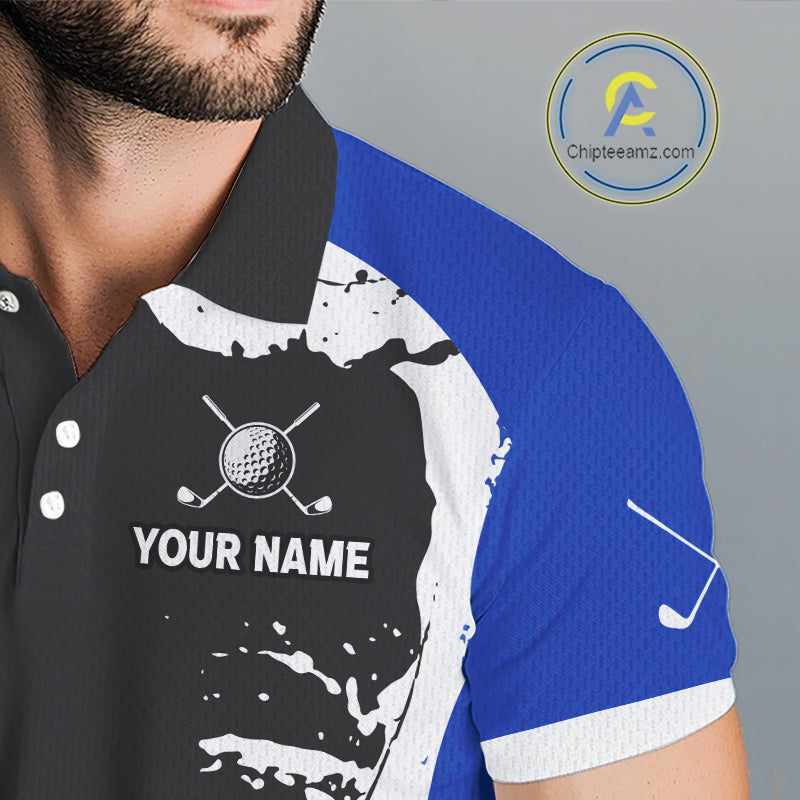 Men's model wearing Golden Retriever Golf Polo Shirt, personalized golf clothing, dog lover sportswear, custom golf outfit, performance golf apparel.