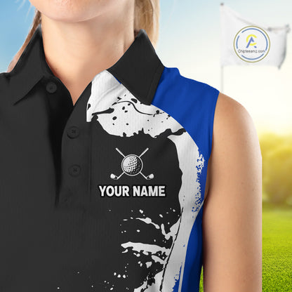 Women's model wearing Golden Retriever Golf Polo Shirt, dog lover golf apparel, pet sportswear, personalized golf outfit, custom golf clothing, golf lifestyle fashion.