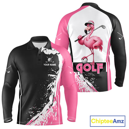 Funny Flamingo Men's Golf Polo Shirt mockup featuring tropical flamingo design, personalized golf apparel, custom golf polo, beach golf clothing, performance sportswear.