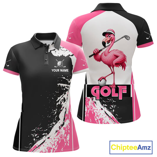 Funny Flamingo Women's Golf Polo Shirt mockup with pink splatter design, personalized golf polo, tropical golf apparel, custom golf team clothing, breathable performance golf shirt.