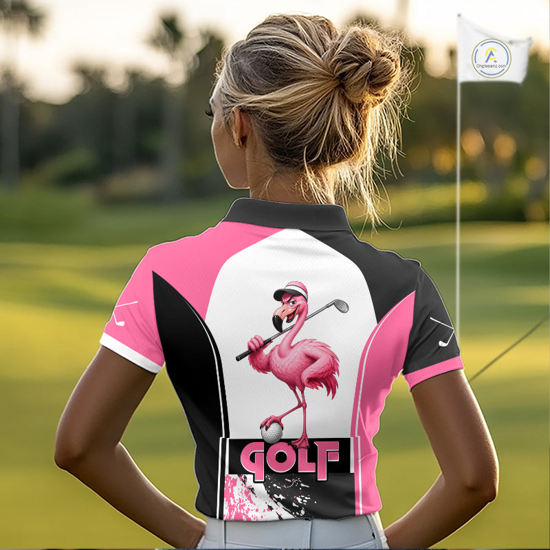 Women's model wearing Funny Flamingo Golf Polo Shirt, tropical golf fashion, summer golf apparel, personalized golf outfit, flamingo sportswear, custom golf team clothing.