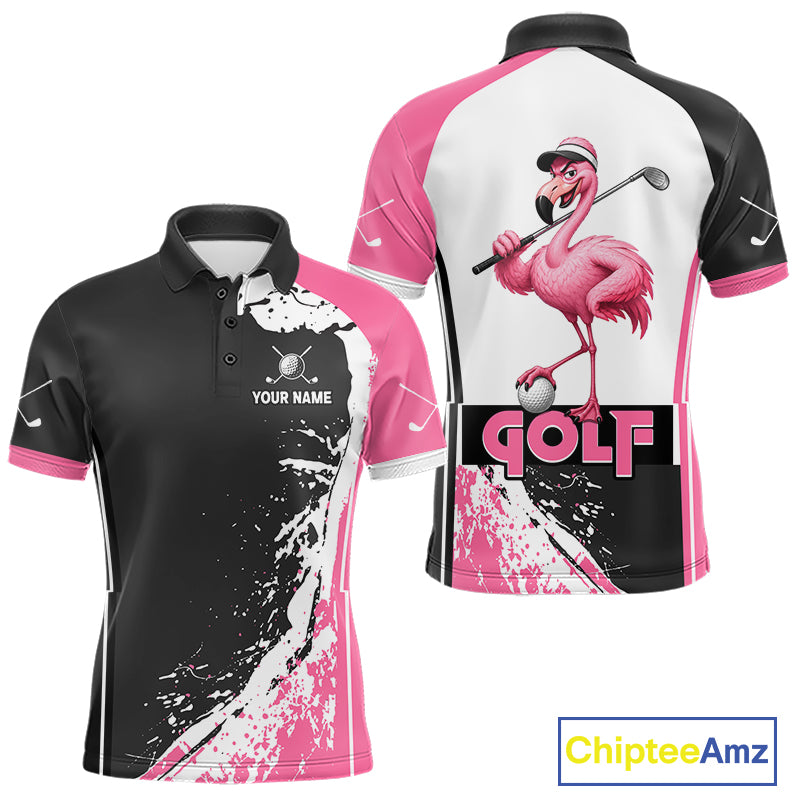 Funny Flamingo Men's Golf Polo Shirt mockup featuring tropical flamingo design, personalized golf apparel, custom golf polo, beach golf clothing, performance sportswear.