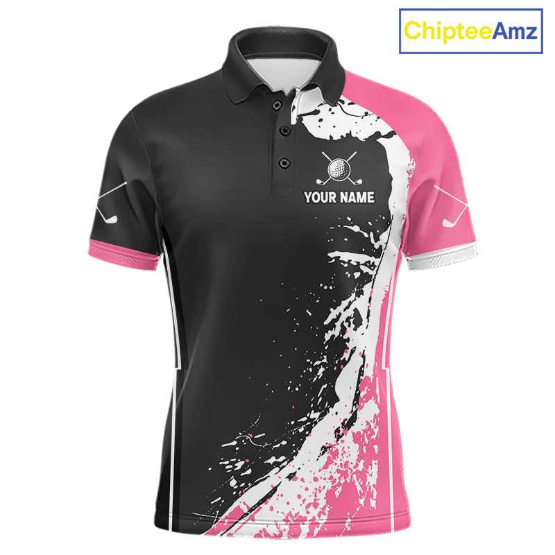 Funny Flamingo Men's Golf Polo Shirt mockup featuring tropical flamingo design, personalized golf apparel, custom golf polo, beach golf clothing, performance sportswear.