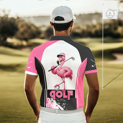 Men's model wearing Funny Flamingo Golf Polo Shirt, tropical golf outfit, personalized golf apparel, summer golf fashion, custom golf clothing.