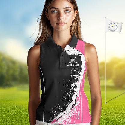 Women's model wearing Funny Flamingo Golf Polo Shirt, tropical golf fashion, summer golf apparel, personalized golf outfit, flamingo sportswear, custom golf team clothing.