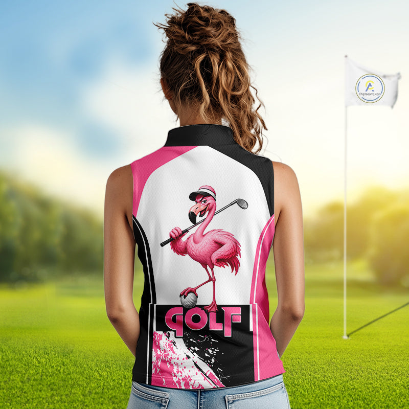 Women's model wearing Funny Flamingo Golf Polo Shirt, tropical golf fashion, summer golf apparel, personalized golf outfit, flamingo sportswear, custom golf team clothing.