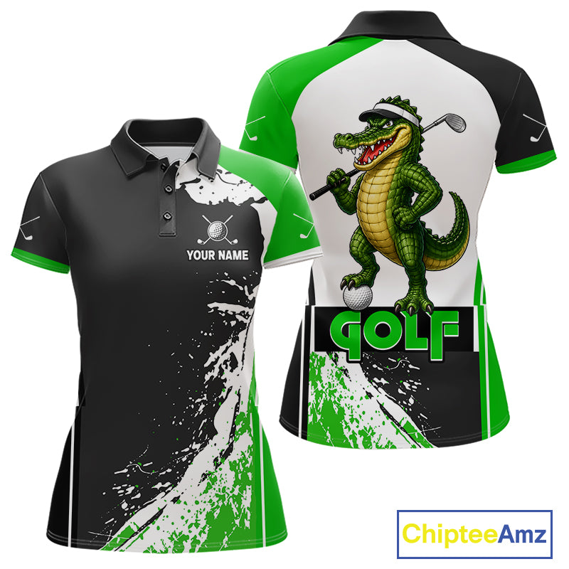 Funny Alligator Women's Golf Polo Shirt mockup with green splatter design, personalized golf polo, wildlife golf apparel, custom golf team clothing, breathable golf tournament shirt.