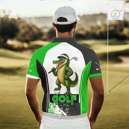 Men's model wearing Funny Alligator Golf Polo Shirt, Florida golf fashion, personalized golf apparel, custom golf clothing, performance golf outfit.