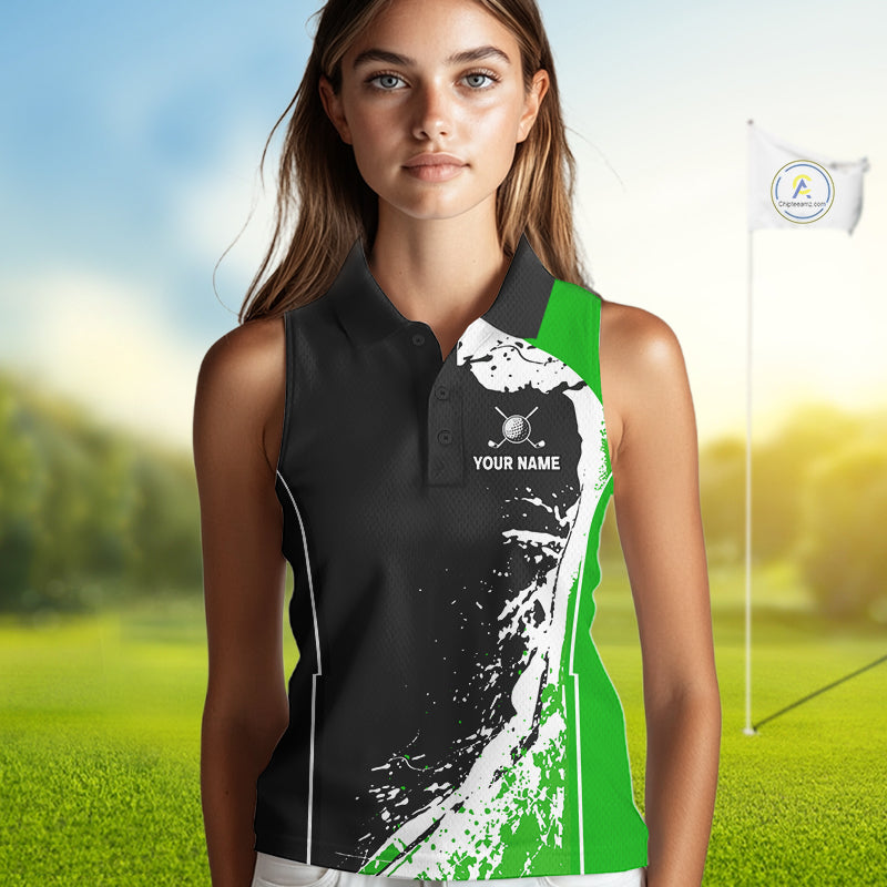 Women's model wearing Funny Alligator Golf Polo Shirt, Florida golf apparel, alligator mascot sportswear, personalized golf clothing, custom golf team fashion.