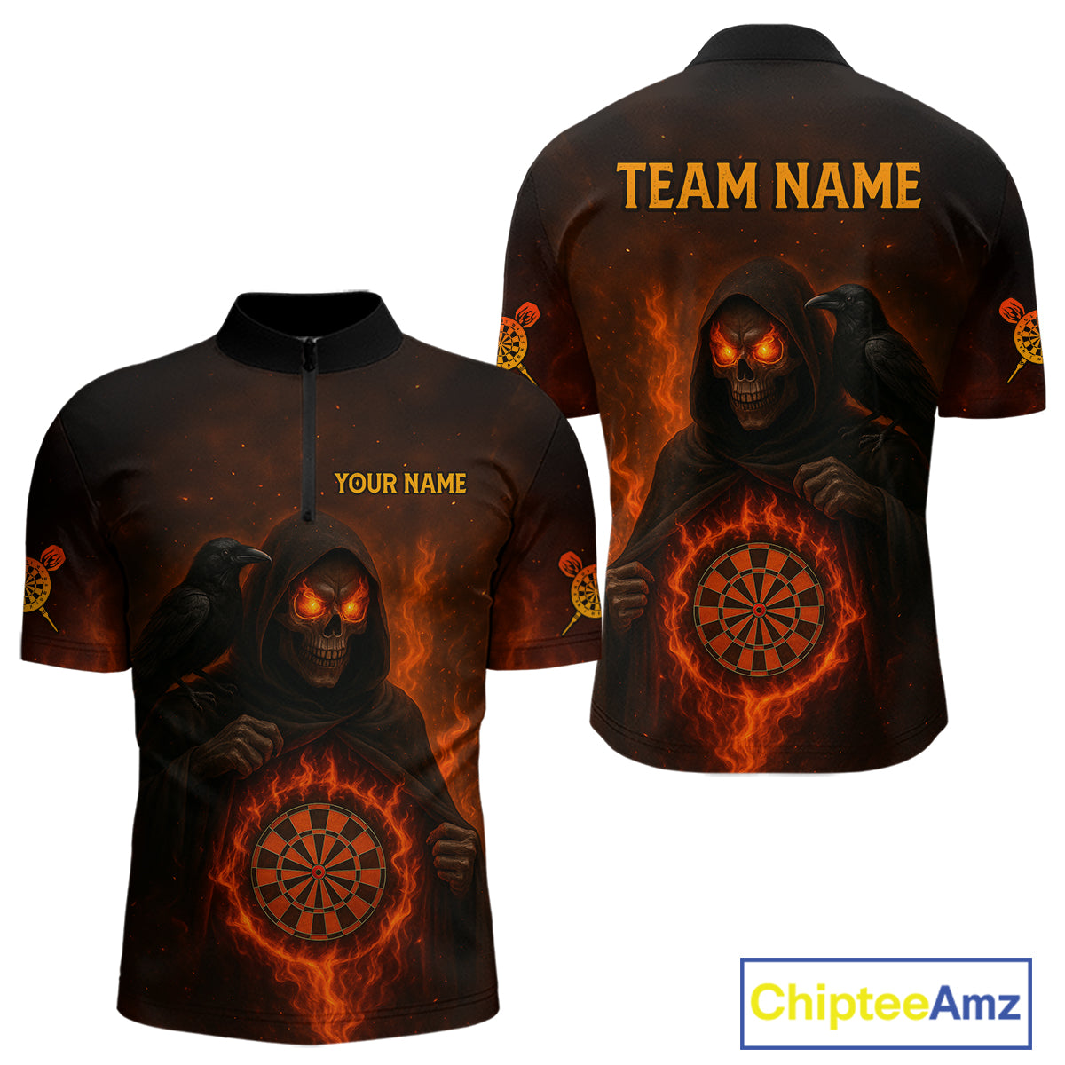 Custom Red Flames Raven Grim Reaper Dartboard Dart 1/4-Zip Shirt For Men Dart Outfit Jersey NYN1452