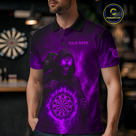 Custom Purple Flames Raven Grim Reaper Dartboard Dart Polo Shirt For Men Dart Outfit Jersey NYN1453