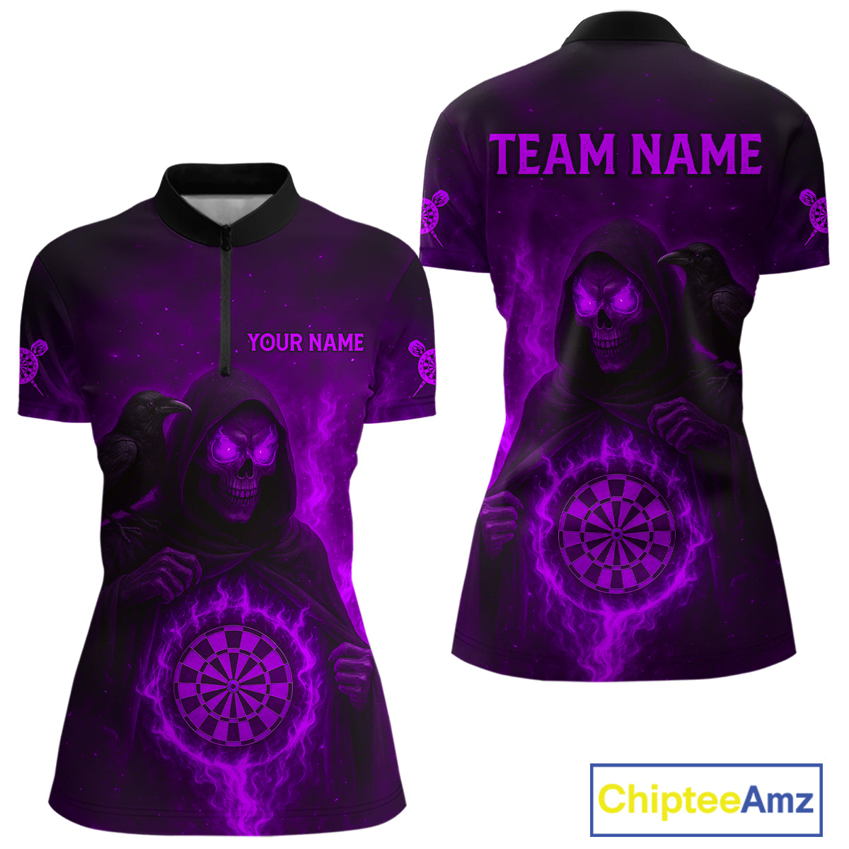 Custom Purple Flames Raven Grim Reaper Dartboard Dart 1/4-Zip Shirt For Women Dart Outfit Jersey NYN1453