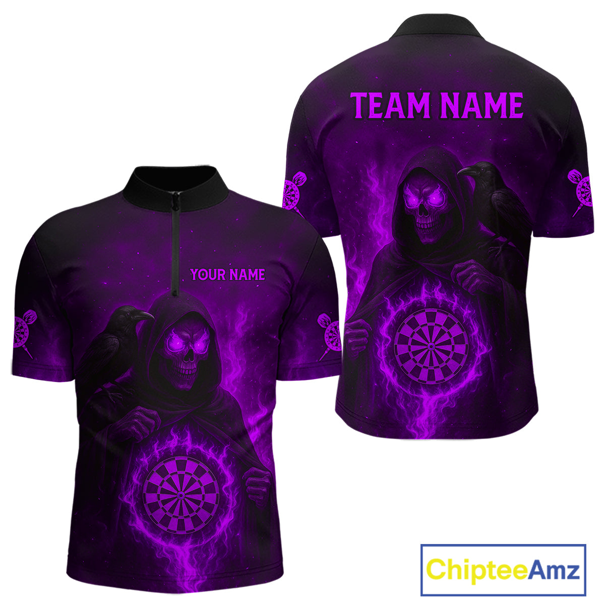 Custom Purple Flames Raven Grim Reaper Dartboard Dart 1/4-Zip Shirt For Men Dart Outfit Jersey NYN1453