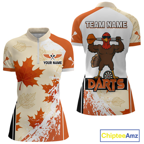 Custom Funny Turkey Autumn Leaves Dart 1/4-Zip Shirt For Women Thanksgiving Dart Jersey NYN1458