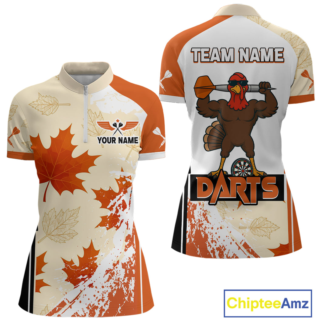 Custom Funny Turkey Autumn Leaves Dart 1/4-Zip Shirt For Women Thanksgiving Dart Jersey NYN1458