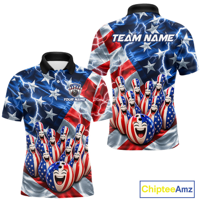 Custom American Flag Bowling Shirt For Men Personalized Funny Smiling Pins Bowling Ball Team Jersey NYN4533