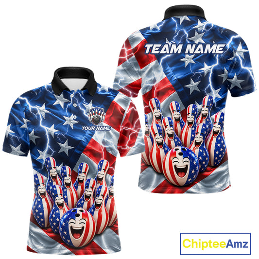 Custom American Flag Bowling Shirt For Men Personalized Funny Smiling Pins Bowling Ball Team Jersey NYN4533