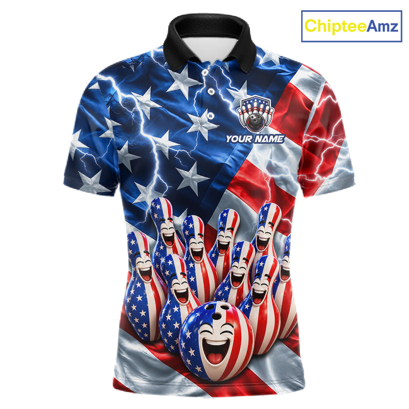 Custom American Flag Bowling Shirt For Men Personalized Funny Smiling Pins Bowling Ball Team Jersey NYN4533