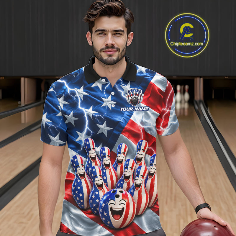 Custom American Flag Bowling Shirt For Men Personalized Funny Smiling Pins Bowling Ball Team Jersey NYN4533