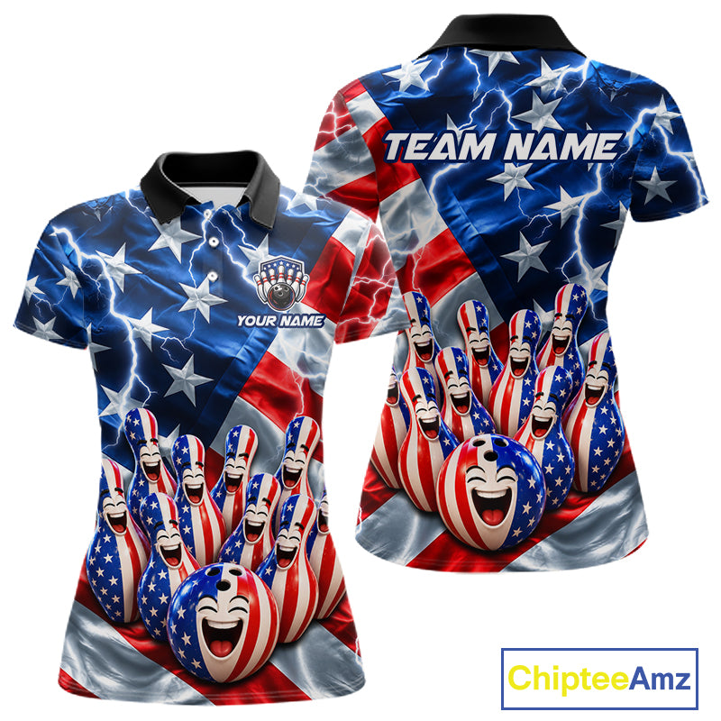 Custom American Flag Bowling Shirt For Women Personalized Funny Smiling Pins Bowling Ball Team Jersey NYN4533
