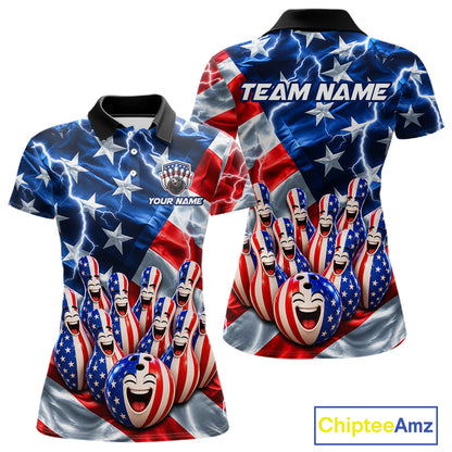 Custom American Flag Bowling Shirt For Women Personalized Funny Smiling Pins Bowling Ball Team Jersey NYN4533