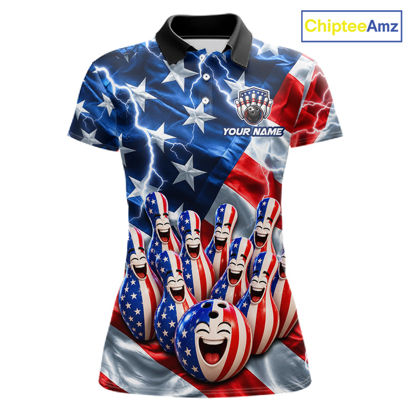 Custom American Flag Bowling Shirt For Women Personalized Funny Smiling Pins Bowling Ball Team Jersey NYN4533