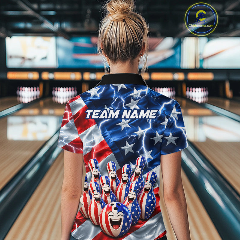 Custom American Flag Bowling Shirt For Women Personalized Funny Smiling Pins Bowling Ball Team Jersey NYN4533