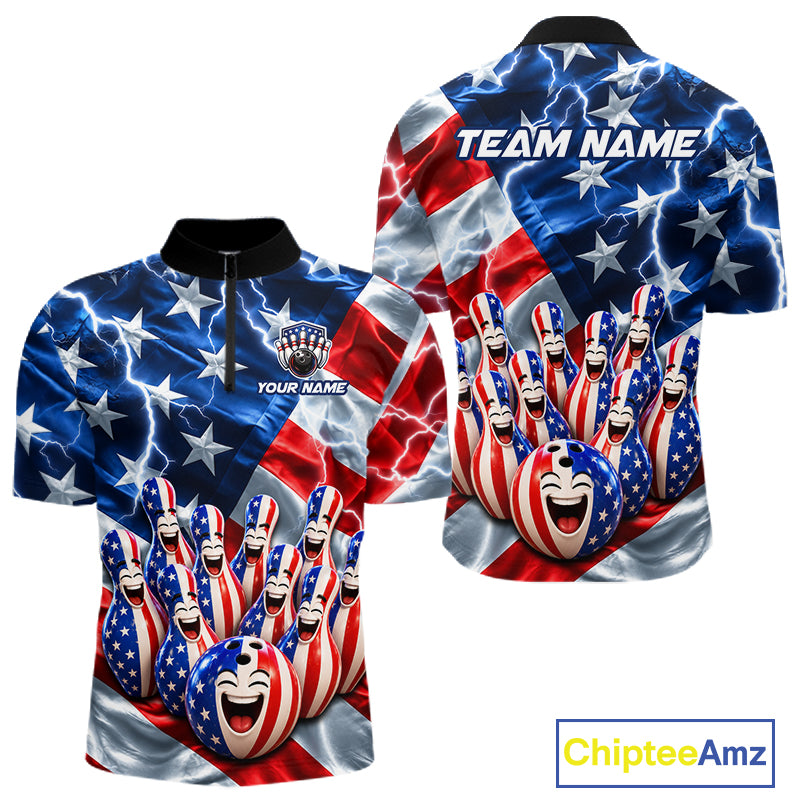 Custom American Flag Bowling Shirt For Men Personalized Funny Smiling Pins Bowling Ball Team Jersey NYN4533
