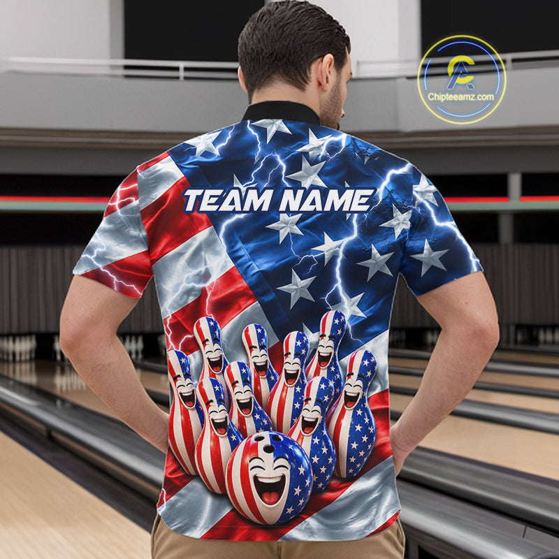 Custom American Flag Bowling Shirt For Men Personalized Funny Smiling Pins Bowling Ball Team Jersey NYN4533