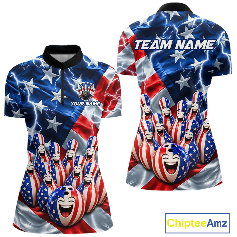 Custom American Flag Bowling Shirt For Women Personalized Funny Smiling Pins Bowling Ball Team Jersey NYN4533