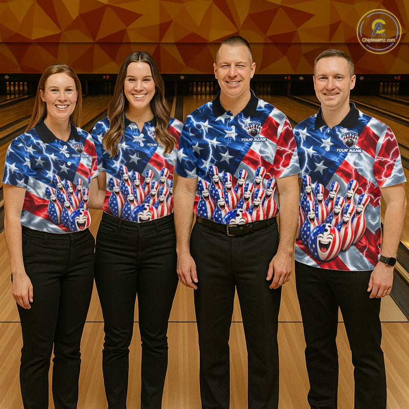 Custom American Flag Bowling Shirt For Men Personalized Funny Smiling Pins Bowling Ball Team Jersey NYN4533