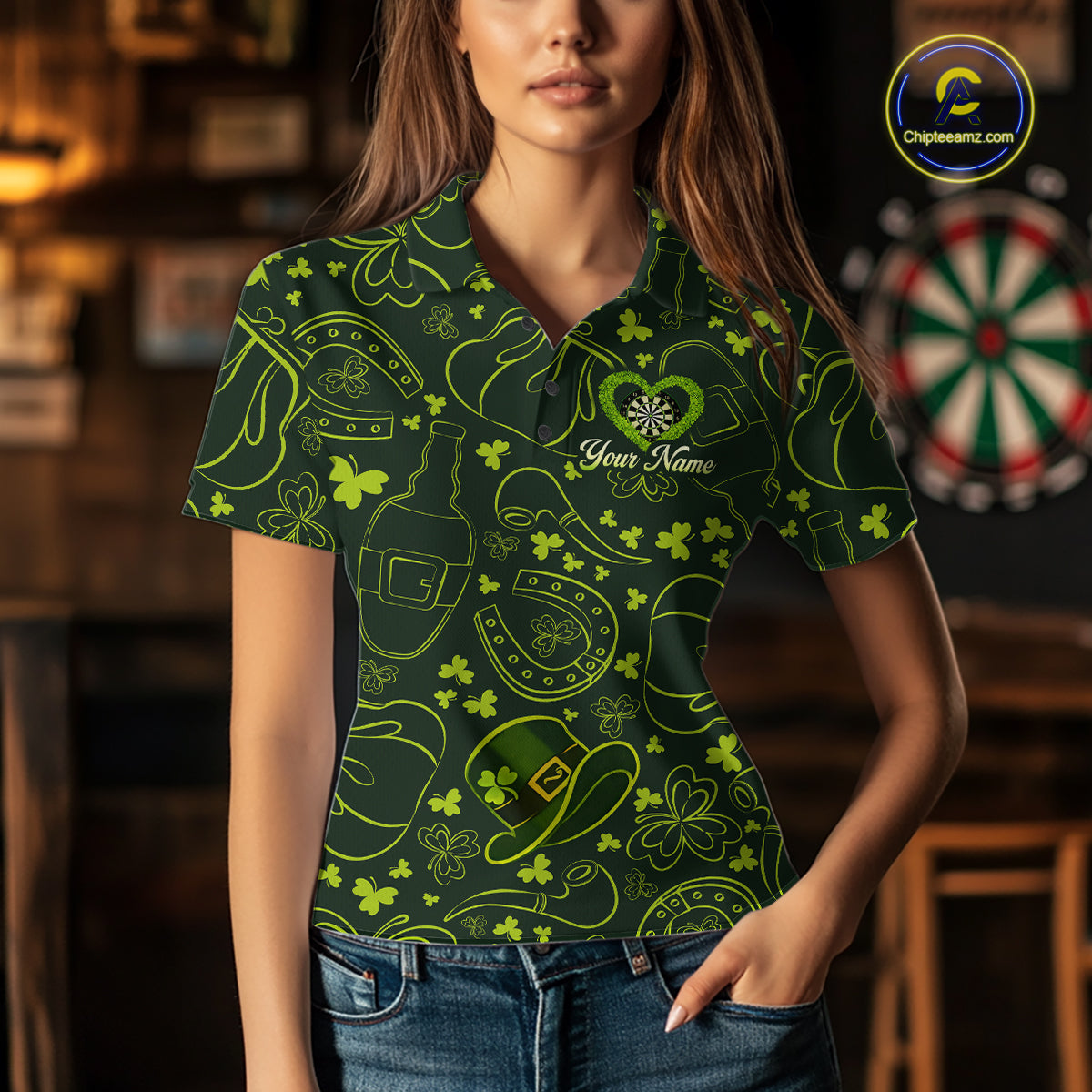 Heart Shamrock Dartboard St Patrick's Day Women Darts Polo Shirt Custom Darts Couple Jersey NYN2530