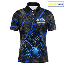 Load image into Gallery viewer, Black And Blue Strikes Grunge Bowling Polo &amp; 1/4-Zip Shirt For Men Custom Thunder Bowling Team Jersey NYN3267