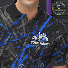 Load image into Gallery viewer, Black And Blue Strikes Grunge Bowling Polo &amp; 1/4-Zip Shirt For Men Custom Thunder Bowling Team Jersey NYN3267