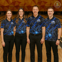 Load image into Gallery viewer, Black And Blue Strikes Grunge Bowling Polo &amp; 1/4-Zip Shirt For Men Custom Thunder Bowling Team Jersey NYN3267