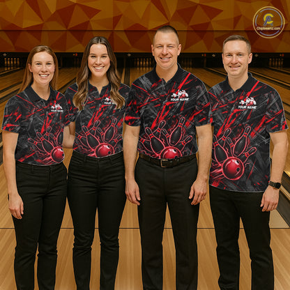 Black And Red Strikes Grunge Bowling Polo & 1/4-Zip Shirt For Women Custom Thunder Bowling Team Jersey NYN3268