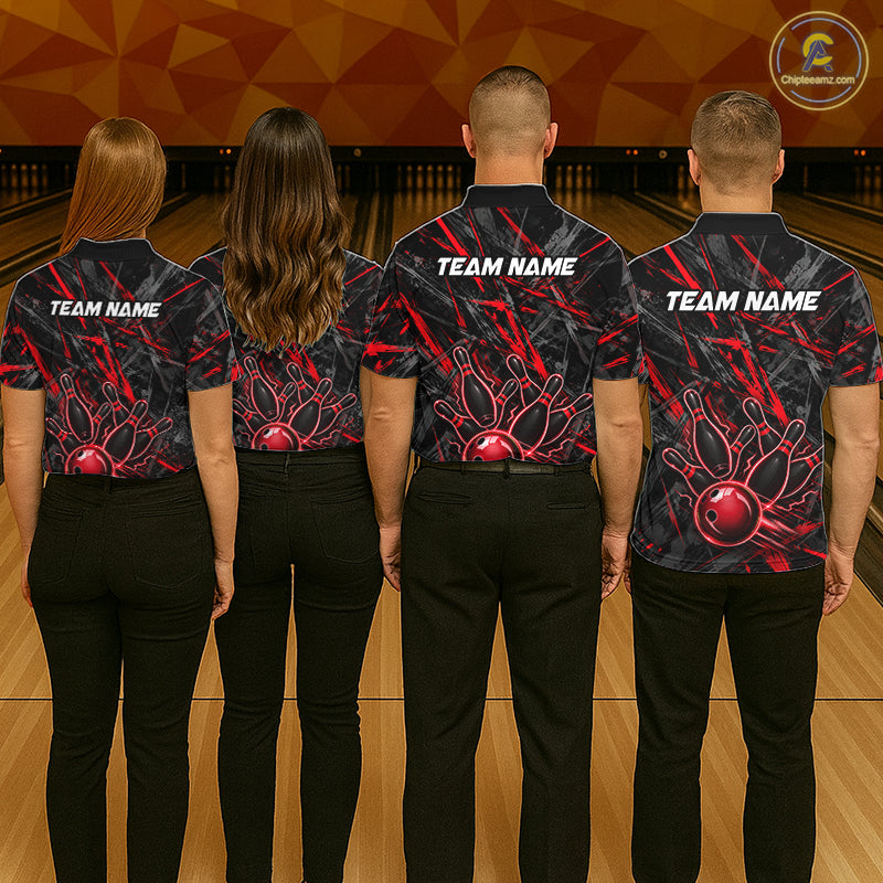 Black And Red Strikes Grunge Bowling Polo & 1/4-Zip Shirt For Women Custom Thunder Bowling Team Jersey NYN3268