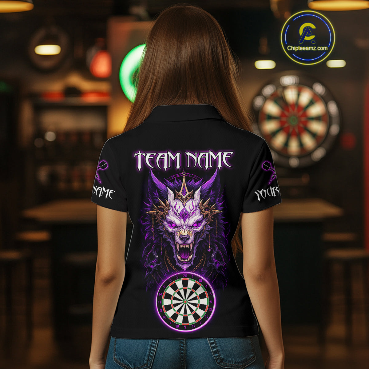 Purple Vicious Wolf Ruler Dartboard Darts Shirt For Women - Custom Name & Team Jersey NYN0581