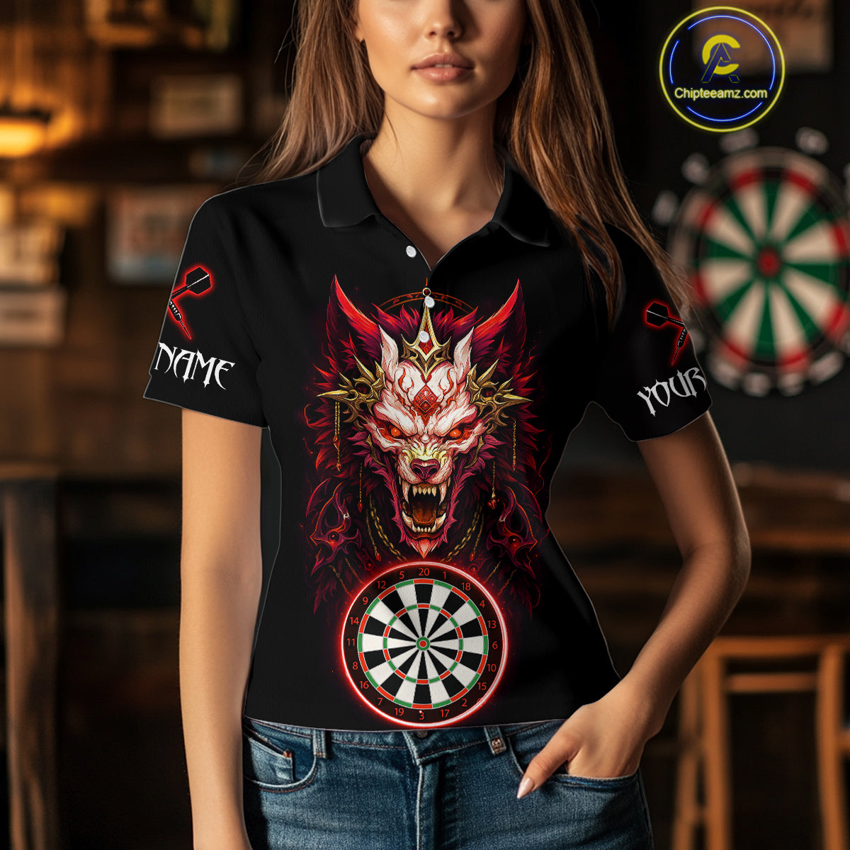 Red Vicious Wolf Ruler Dartboard Darts Shirt For Women - Custom Name & Team Jersey NYN0582