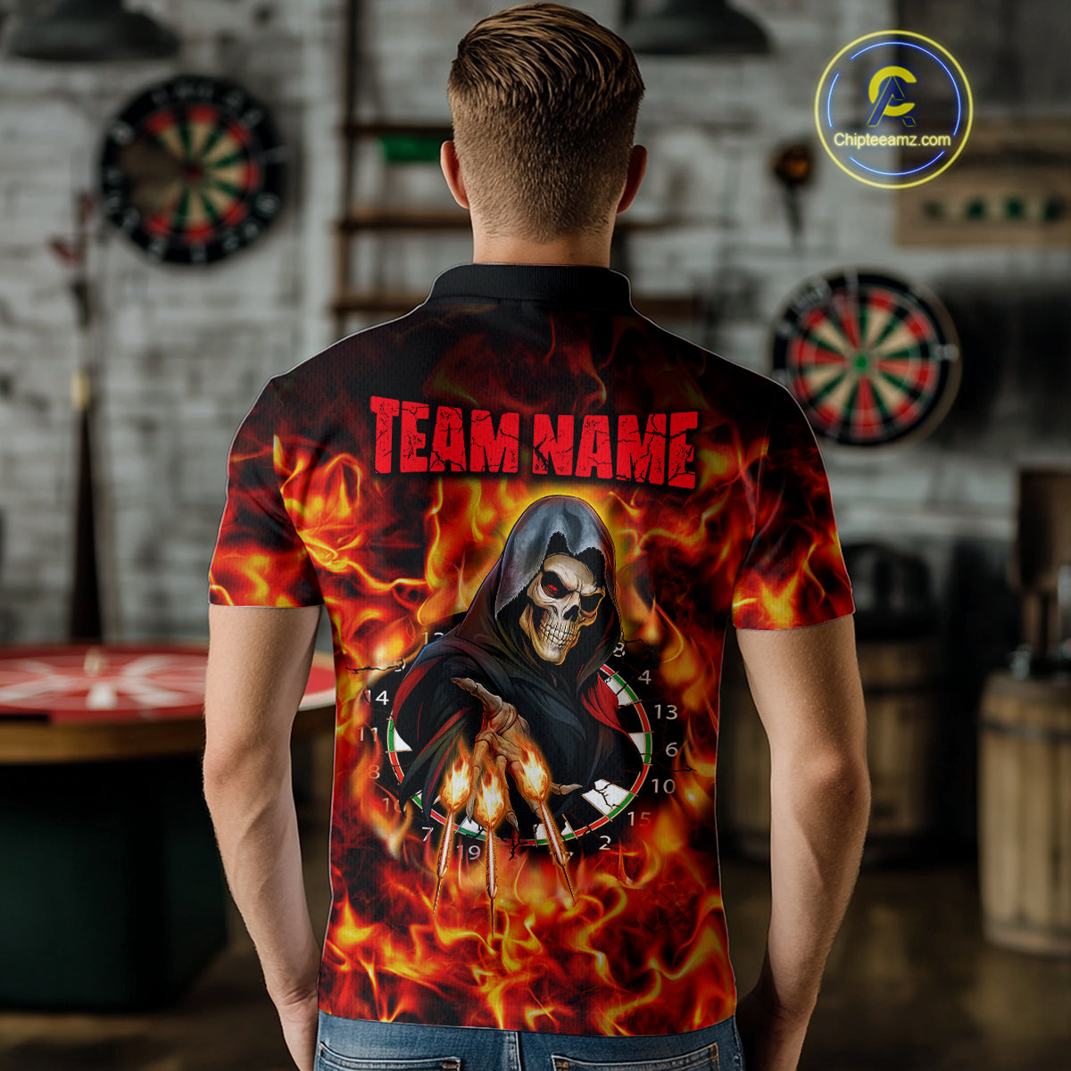 Grim Reaper Flaming Dartboard & Arrows Darts Shirt For Men - Custom Name & Team Jersey NYN0585