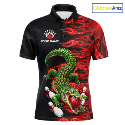 Custom Funny Alligator Fire Flame Bowling Shirt For Men Personalized Red Flame Bowling Team Jersey NYN4551