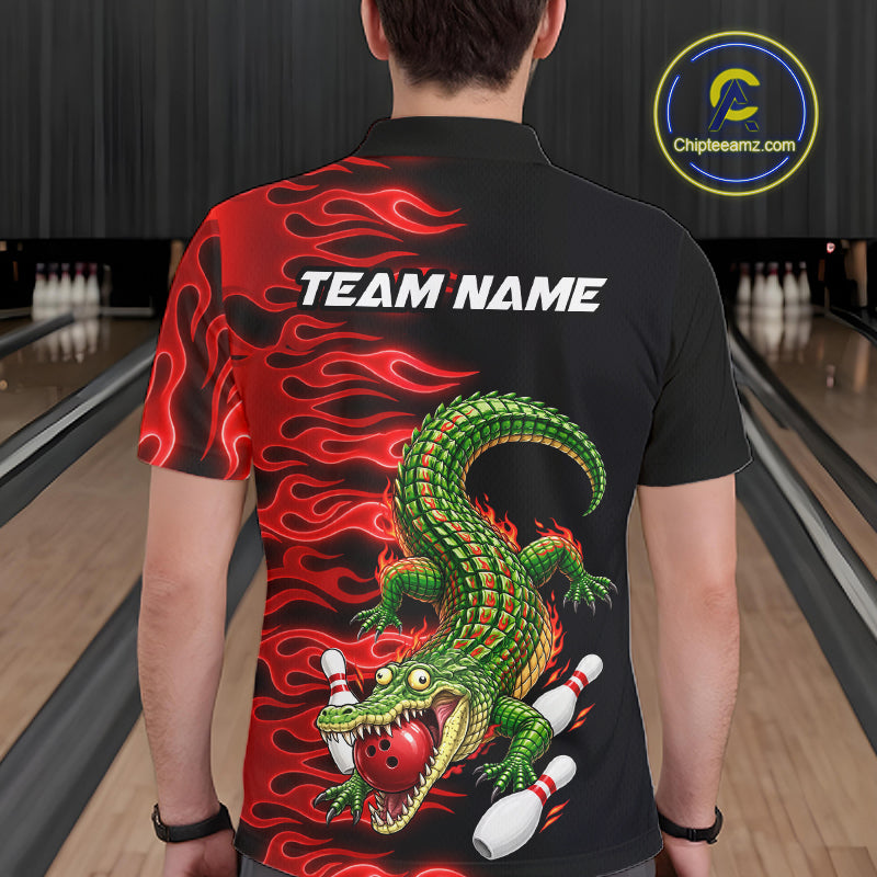 Custom Funny Alligator Fire Flame Bowling Shirt For Men Personalized Red Flame Bowling Team Jersey NYN4551