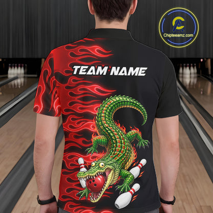 Custom Funny Alligator Fire Flame Bowling Shirt For Men Personalized Red Flame Bowling Team Jersey NYN4551