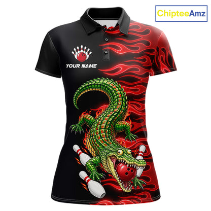 Custom Funny Alligator Fire Flame Bowling Shirt For Women Personalized Red Flame Bowling Team Jersey NYN4551