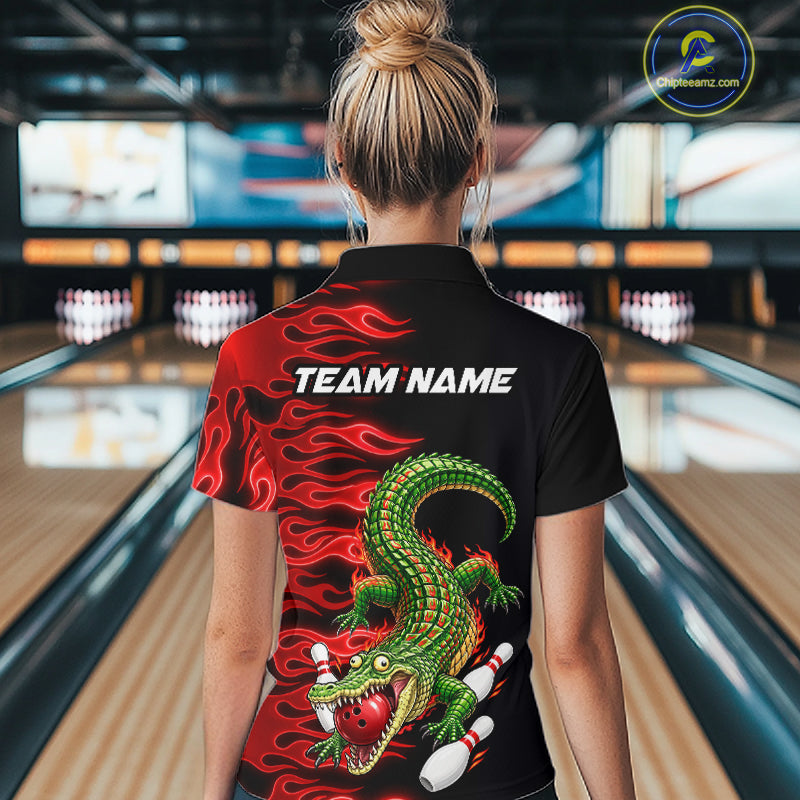 Custom Funny Alligator Fire Flame Bowling Shirt For Women Personalized Red Flame Bowling Team Jersey NYN4551