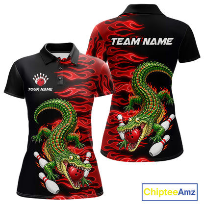 Custom Funny Alligator Fire Flame Bowling Shirt For Women Personalized Red Flame Bowling Team Jersey NYN4551