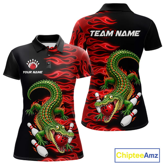 Custom Funny Alligator Fire Flame Bowling Shirt For Women Personalized Red Flame Bowling Team Jersey NYN4551